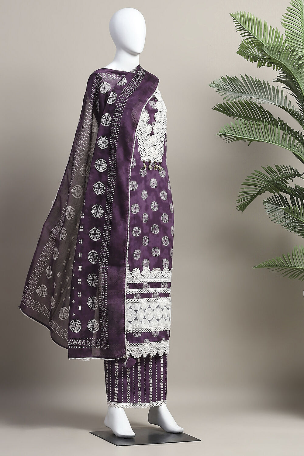 Purple Cotton Unstitched Suit Set image number 4