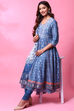 Blue Cotton Anarkali Kurta Churidar Suit Set