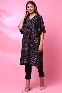 Charcoal Black Cotton A-Line Printed Kurta image number 1