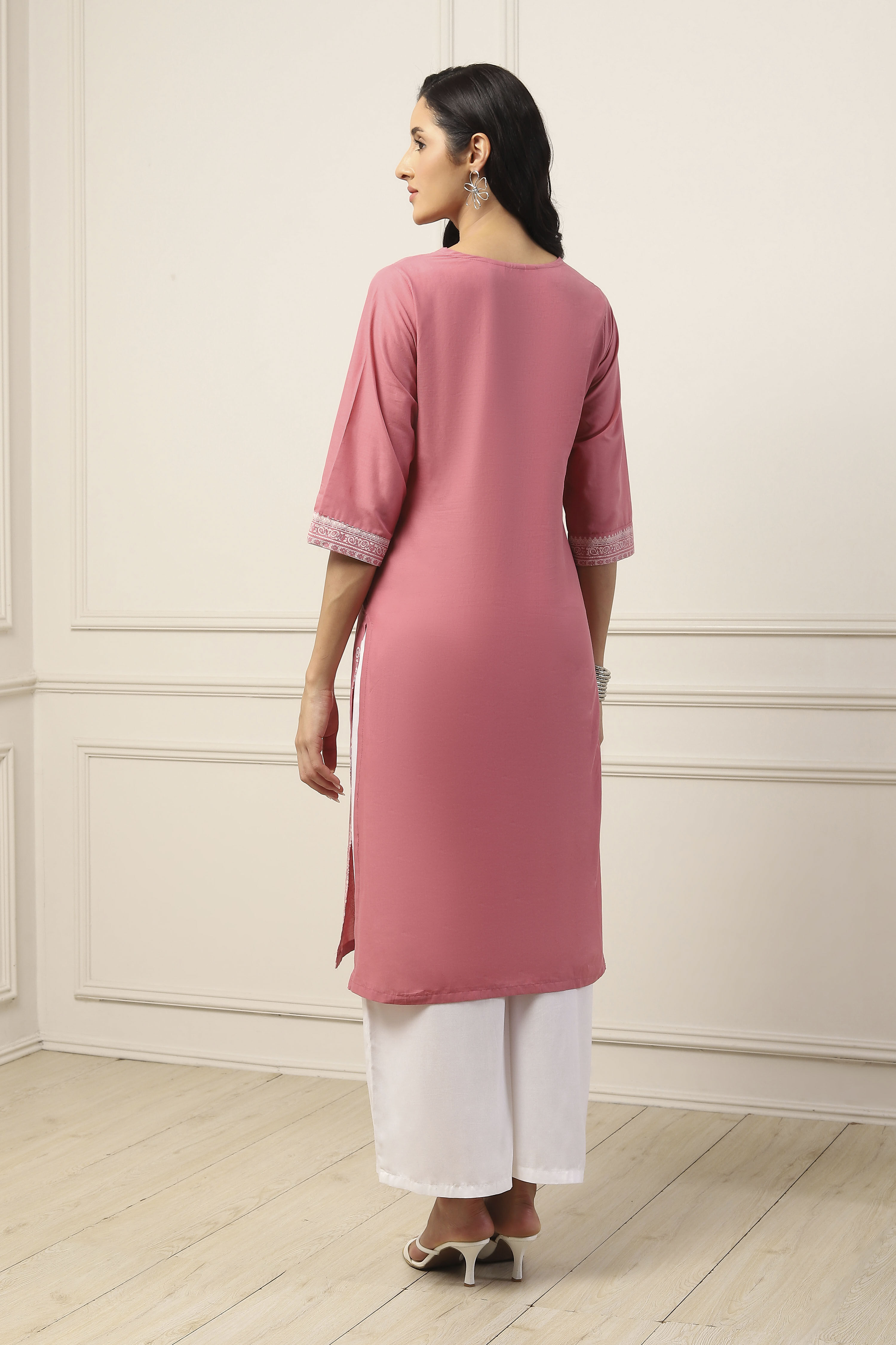 Pink Cotton Straight Kurta image number 3