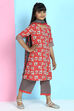 Red Cotton A-Line Straight Kurta Palazzo Suit Set image number 2