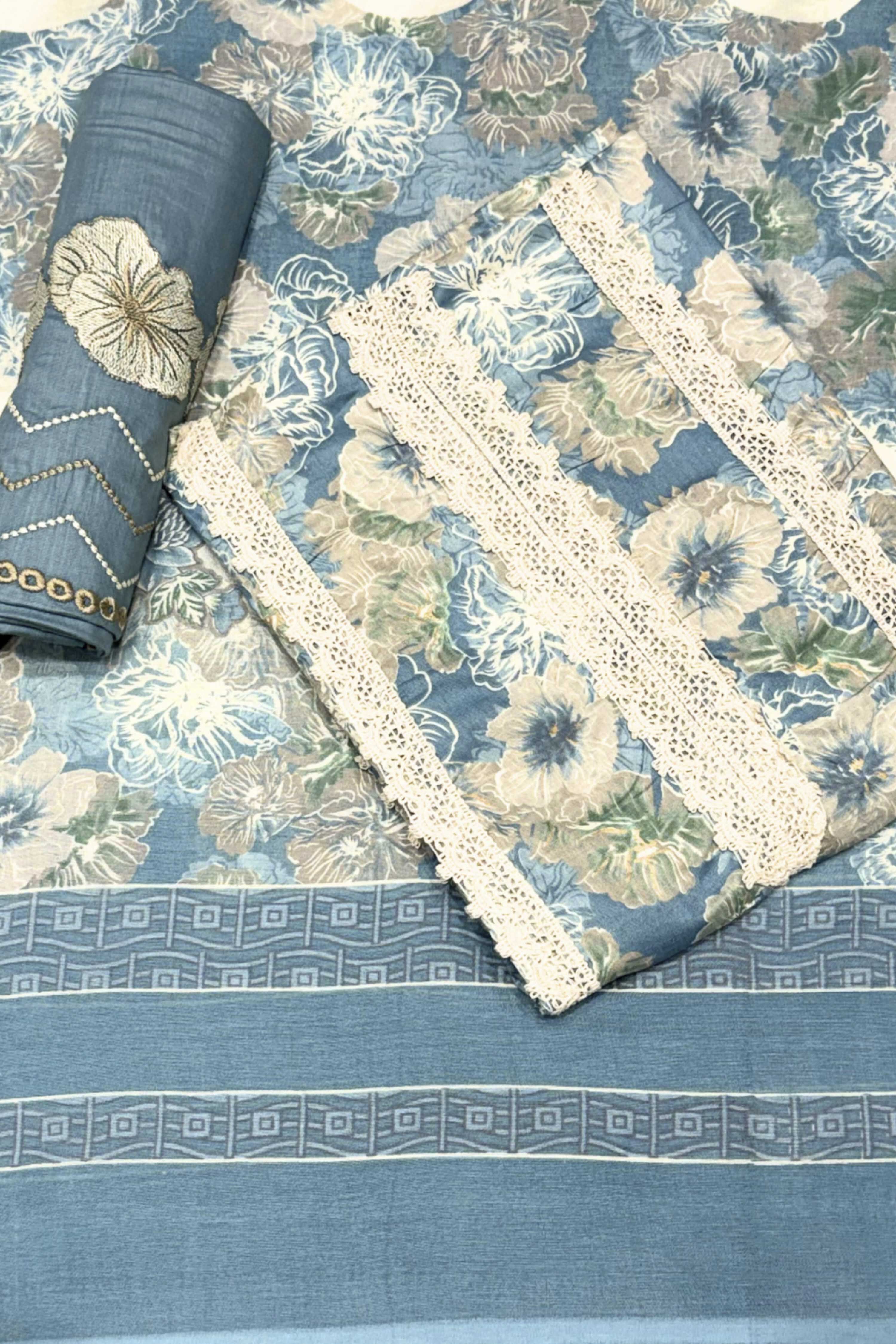 Blue Cotton Printed Unstitched Suit Set image number 0