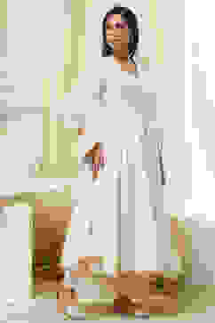 Off-White Cotton Embroidered Gathered Suit Set image number 5