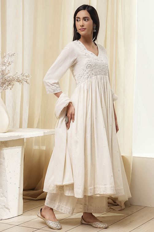 Off-White Cotton Embroidered Gathered Suit Set image number 5