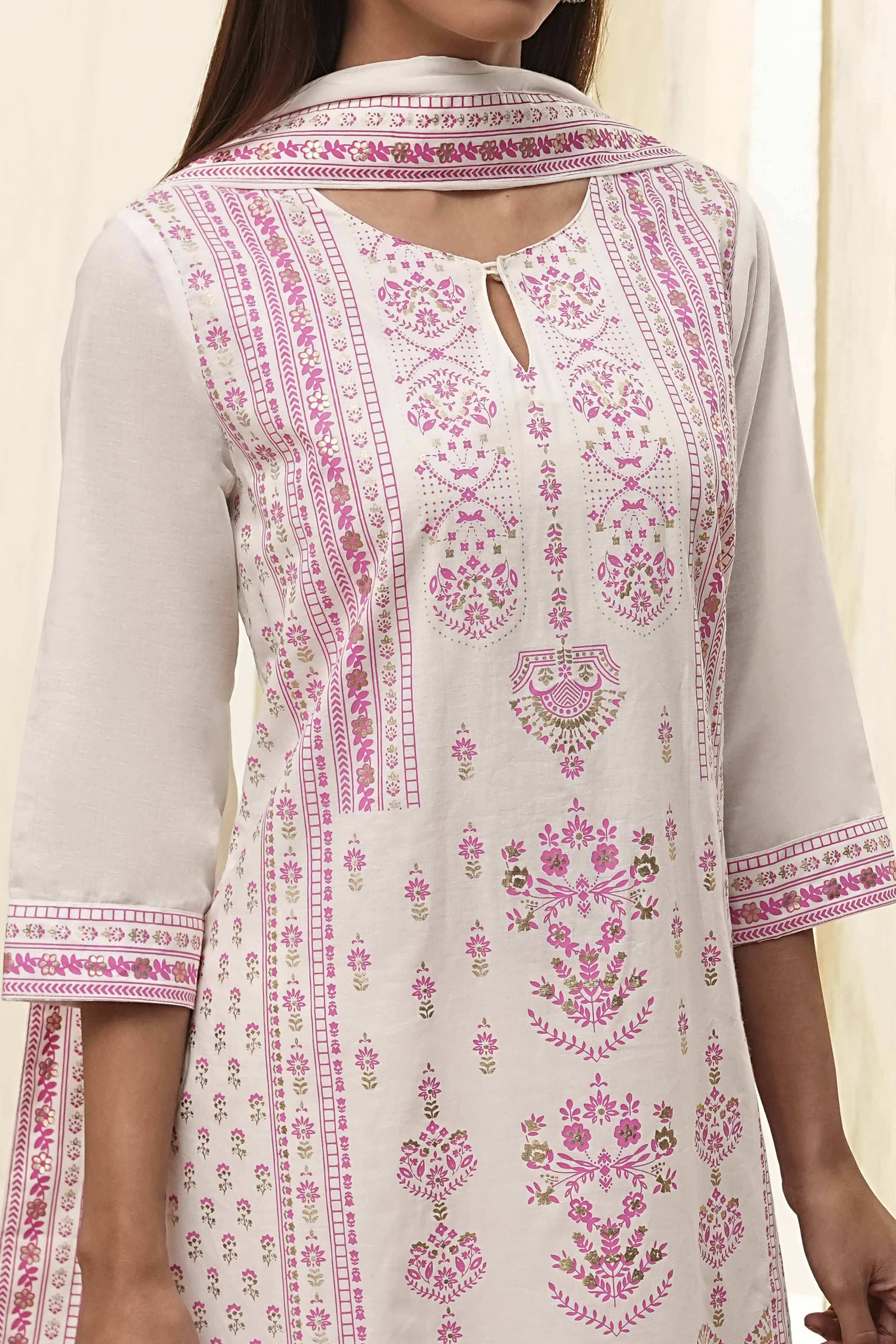 Off-White and Pink Cotton Straight Suit Set image number 1