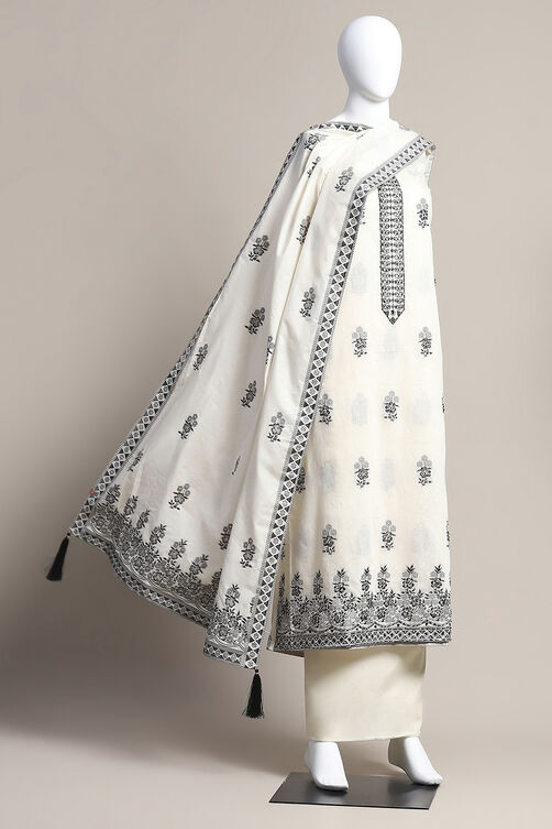 Cream Chanderi Unstitched Suit Set image number 0