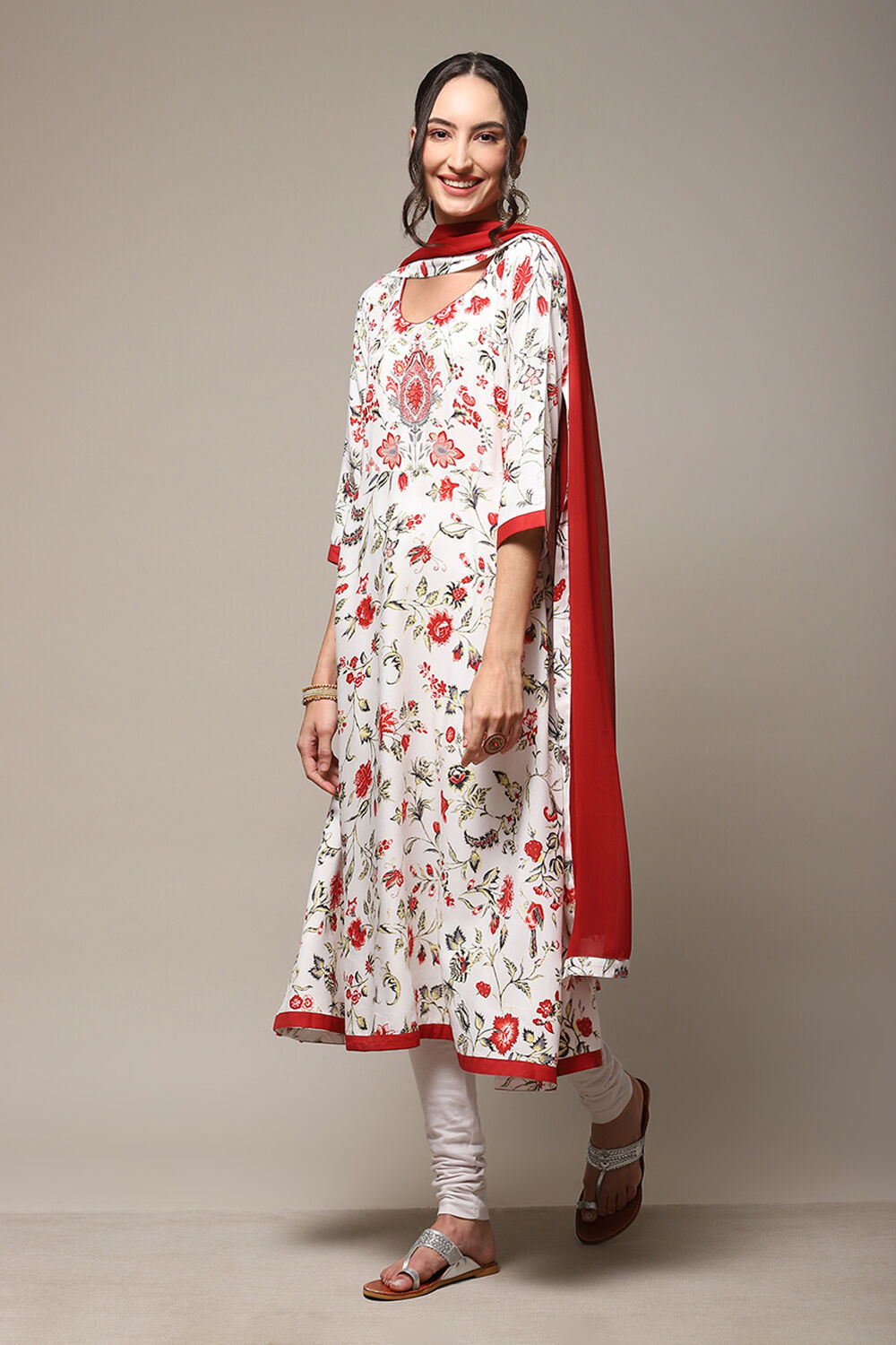 Off White Rayon Anarkali Kurta Churidar Suit Set image number 5