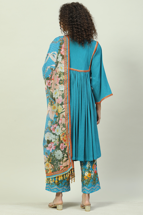 Turquoise Blue Art Silk Gathered Kurta Palazzo Suit Set image number 2