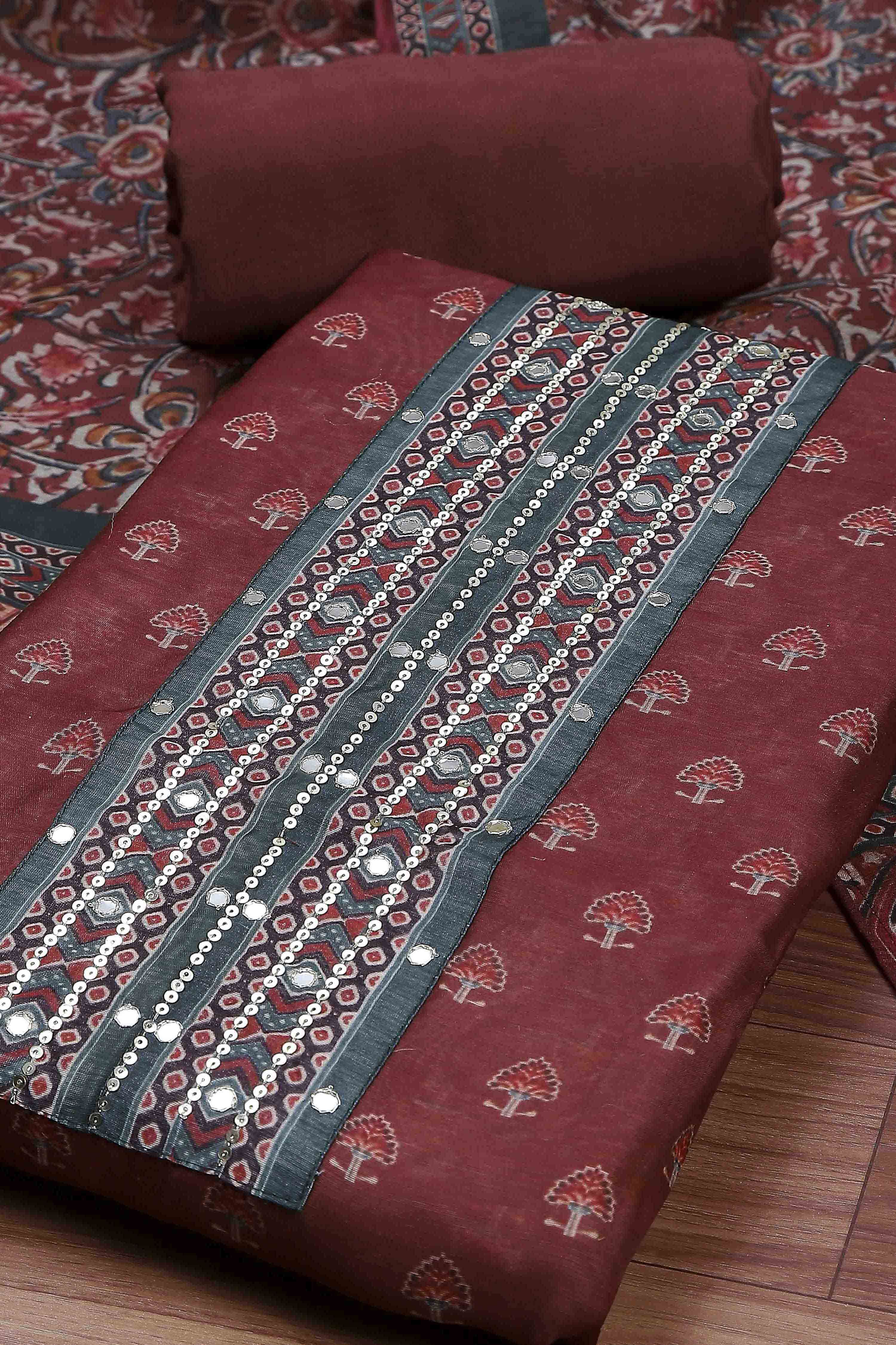 Olive Green Chanderi Rajasthani Print Unstitched Suit Set image number 1