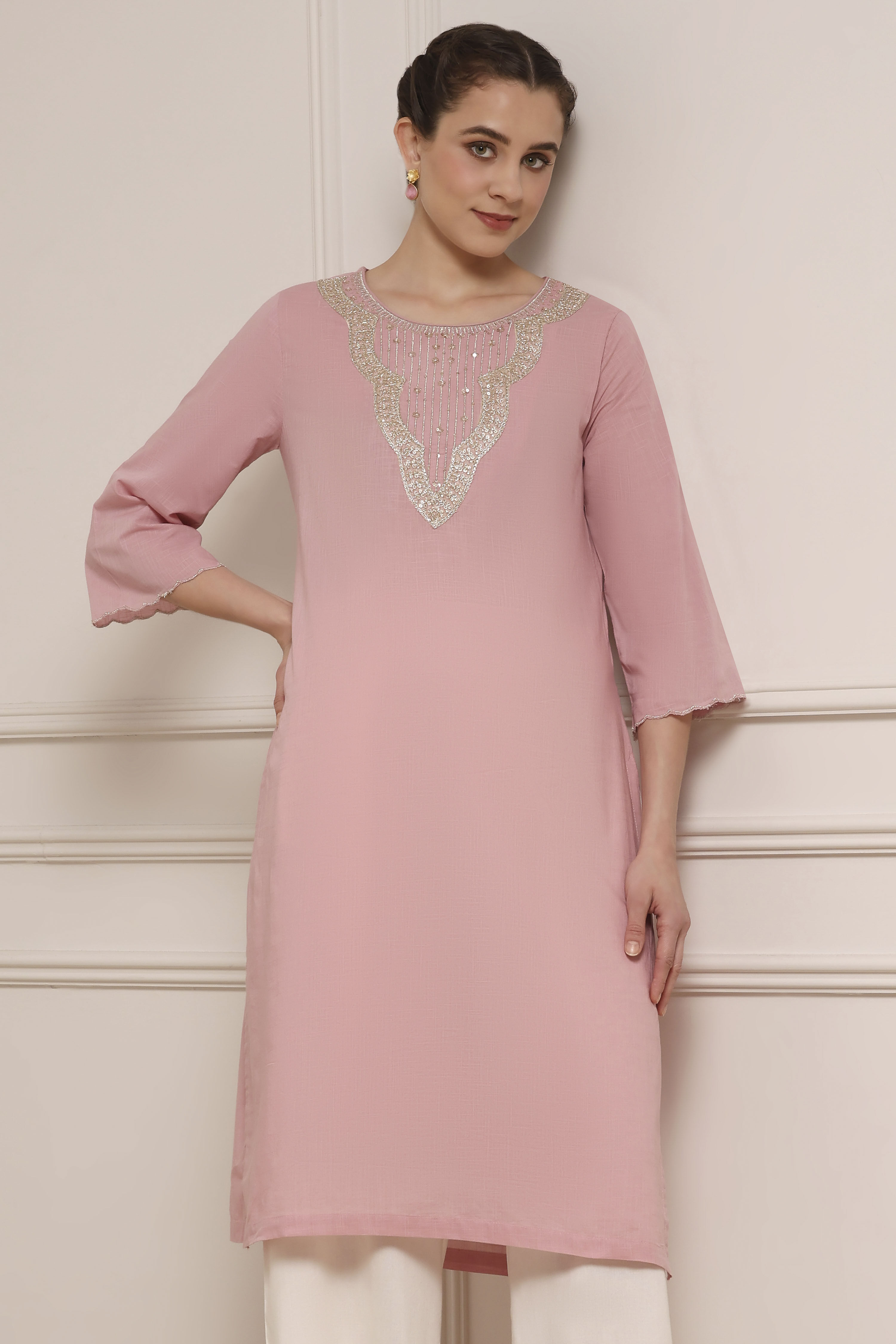 Onion Pink Cotton Solid Straight Kurta image number 5