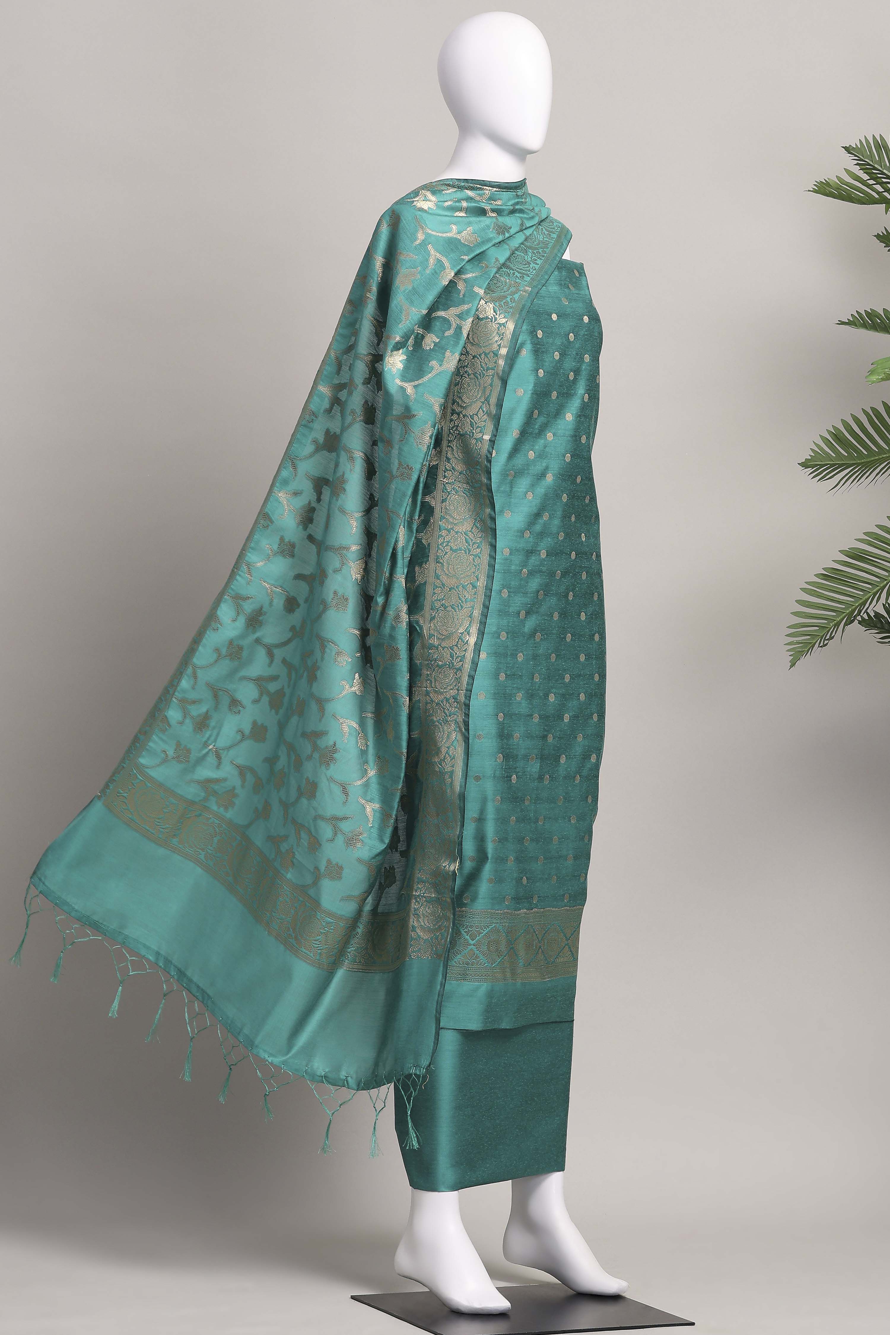 Red Banarasi Chanderi Banarasi Print Unstitched Suit Set image number 4