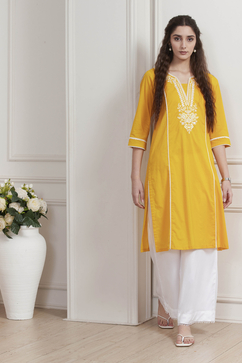 Yellow Cotton Solid Straight Kurta