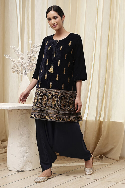 Navy Blue Polyester Straight Kurta Pants Set image number 3