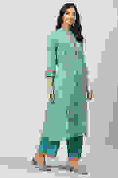 Teal Printed Cotton A-Line Kurta Palazzo Suit Set image number 3