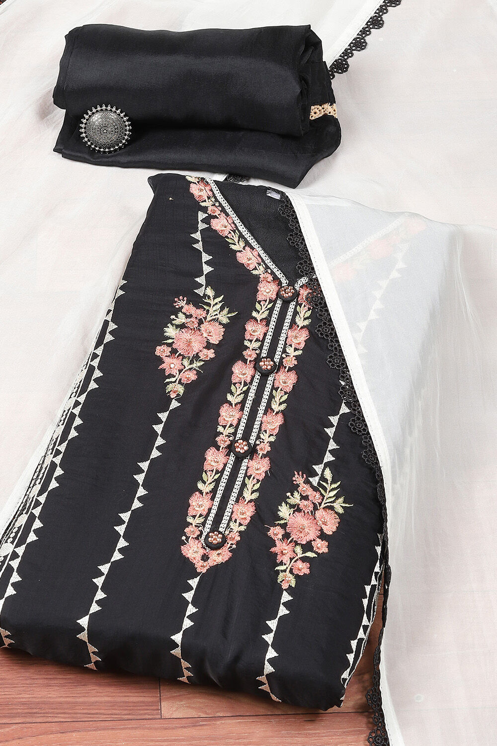 Black Organza Printed Unstitched Suit Set image number 0