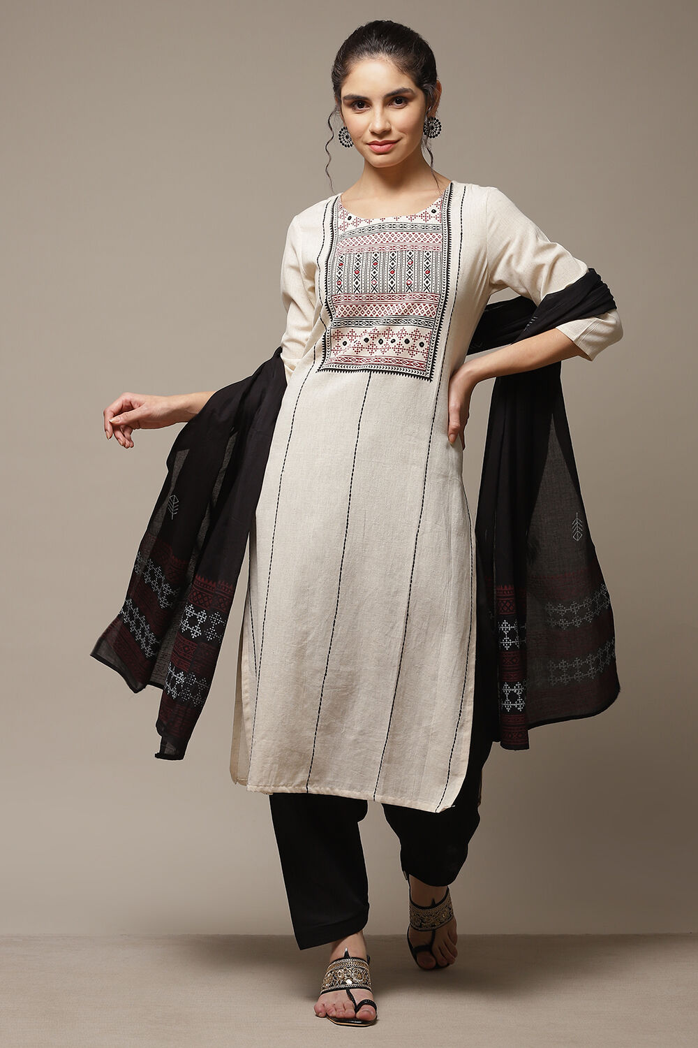 Black Flex Machine Embroidered Unstitched Suit Set image number 1