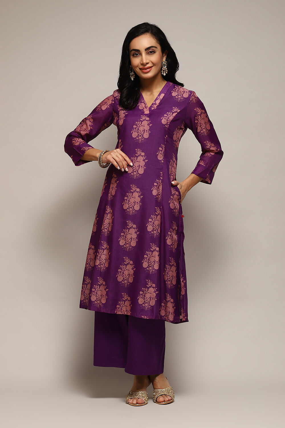 Pink Poly Chanderi A-Line Printed Kurta Palazzo Suit Set image number 0