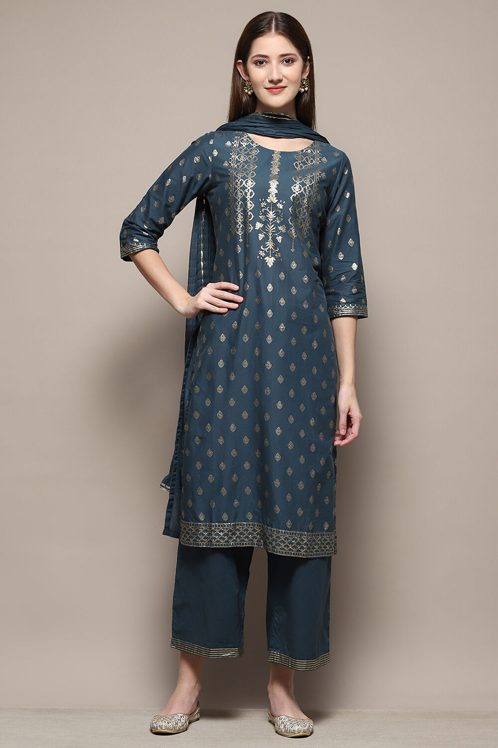 Blue Cotton Straight Kurta Palazzo Suit Set image number 7