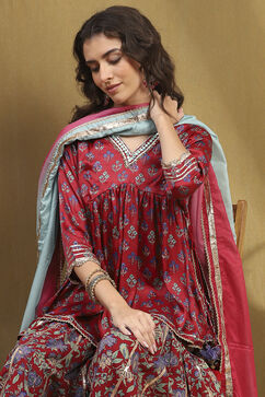 Cherry Red Viscose Blend Floral Peplum Kurta Suit Set image number 7