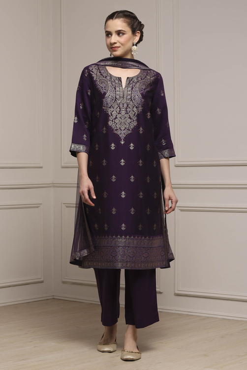 Purple Viscose Blend Straight Printed Suit Set image number 6
