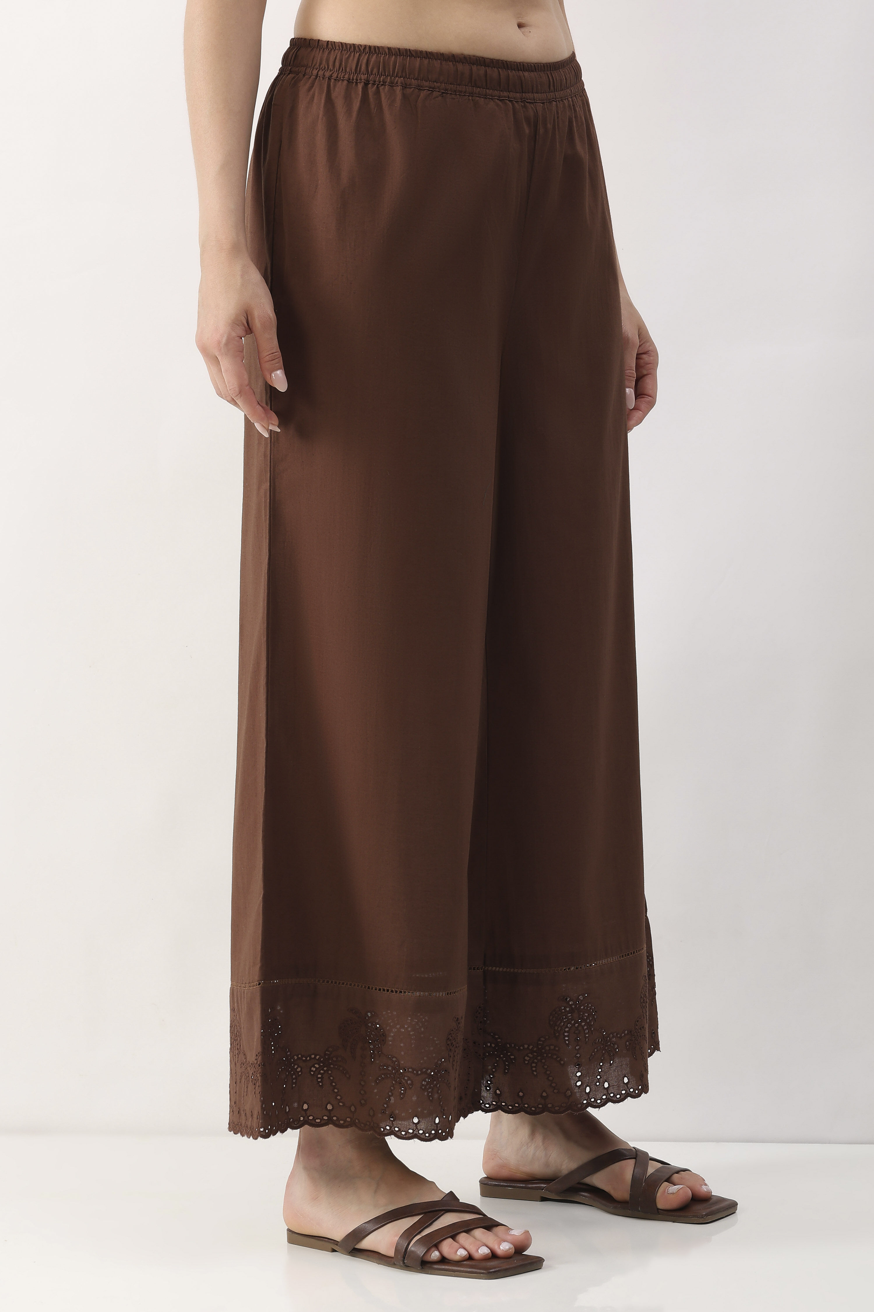 Brown Cotton Flared Palazzo image number 3