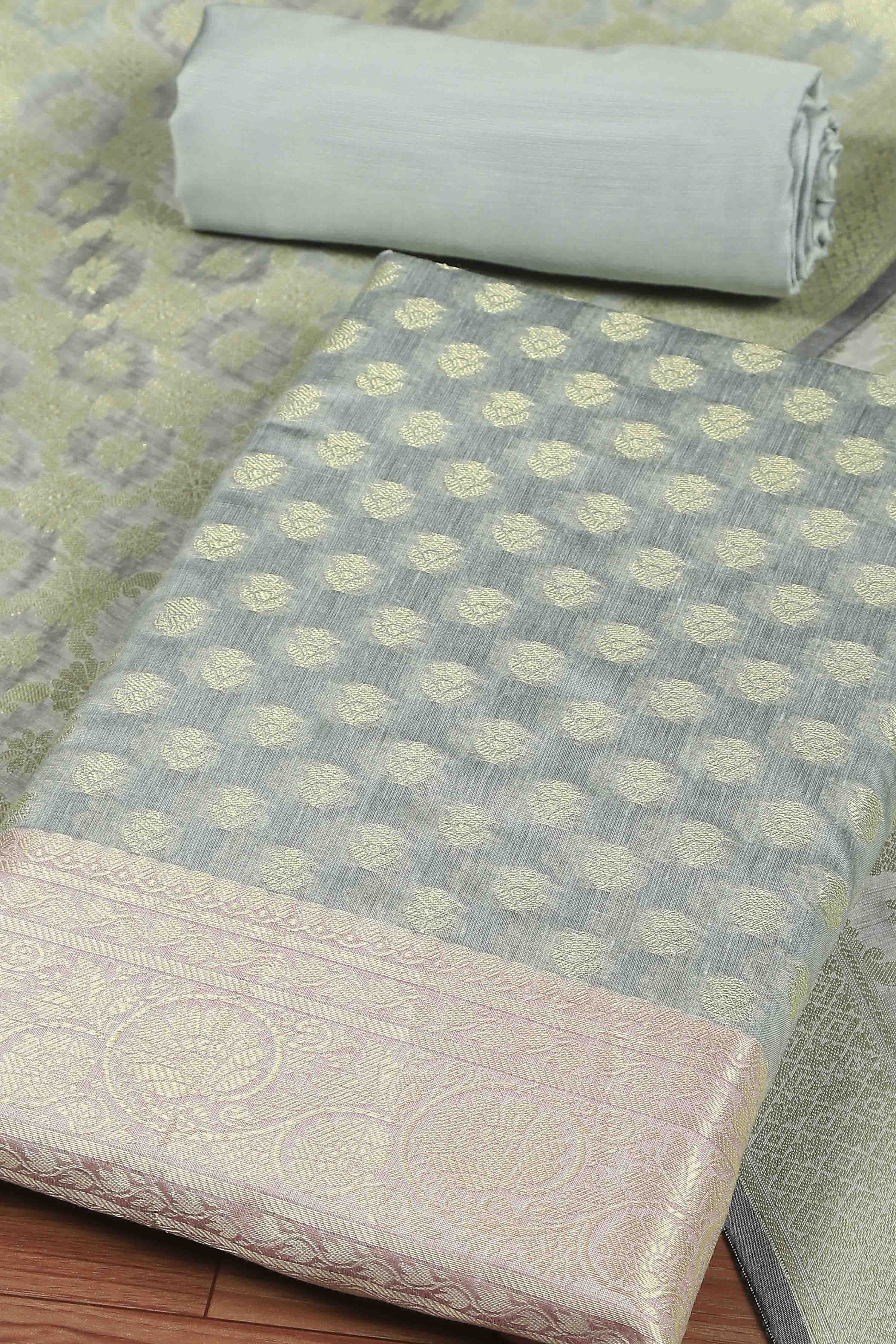 Grey Cotton Printed Embroidered Unstitched Suit Set image number 1