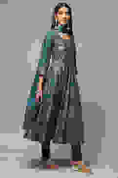 Teal Cotton Anarkali Kurta Churidar Suit Set image number 6