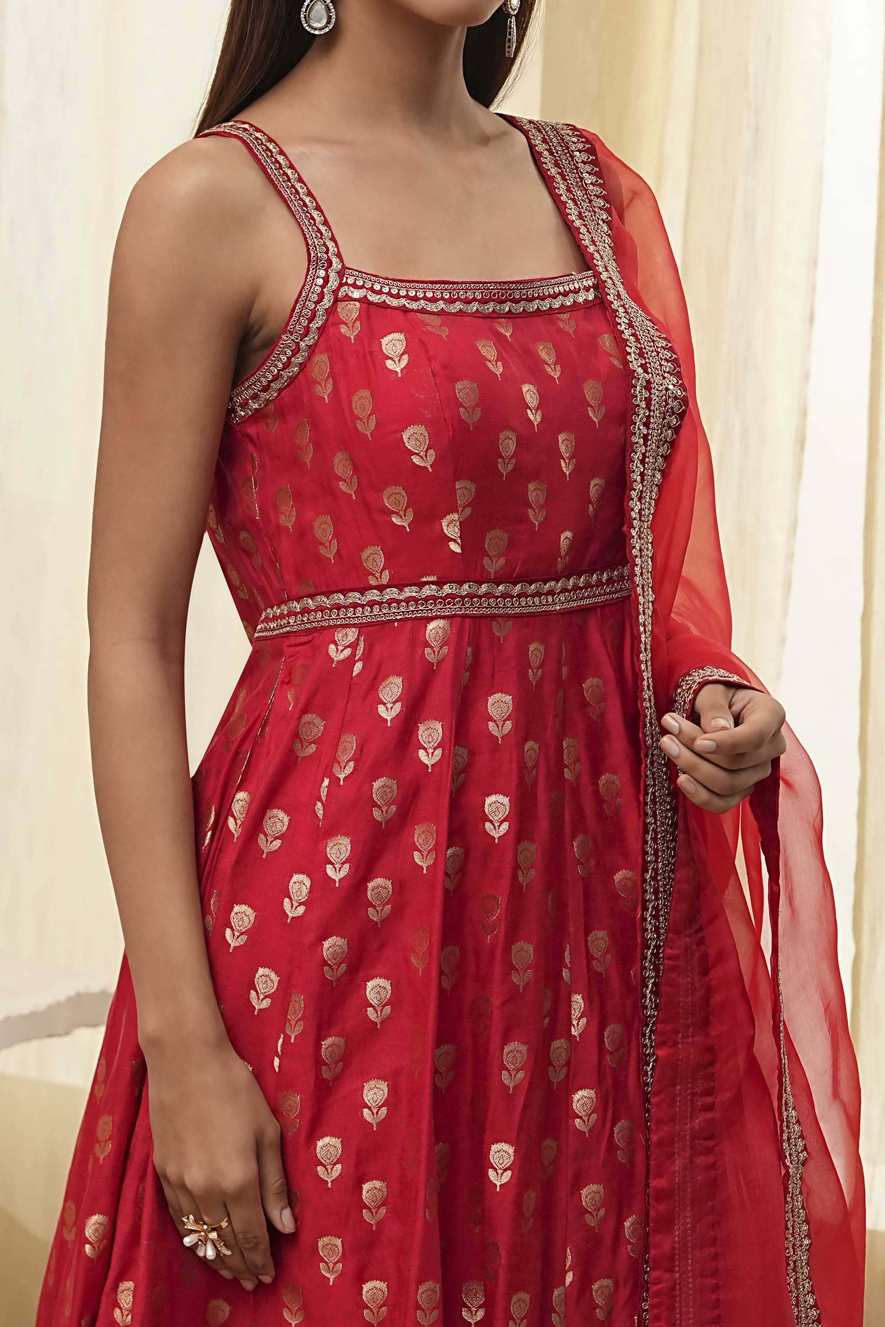 Red Yarn-Dyed Strappy Anarkali Suit Set image number 1
