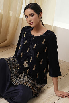 Navy Blue Polyester Straight Kurta Pants Set image number 0