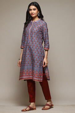 Grey Cotton Straight Printed Kurta image number 2