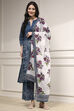 Teal Blue Cotton Printed Straight Suit Set image number 3