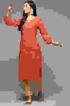 Orange Cotton Straight Kurta image number 4