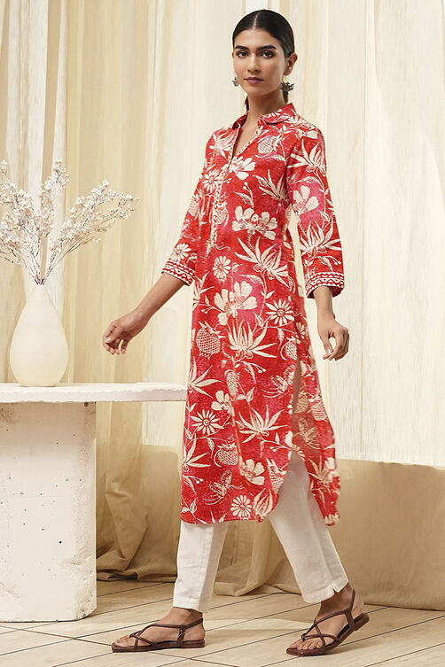 Red Pure Cotton Floral Straight Kurta image number 2