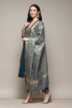 Teal Poly Viscose Straight Kurta Slim Pant Suit Set image number 5