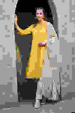 Yellow Cotton Gathered Kurta & Pants Suit Set image number 3