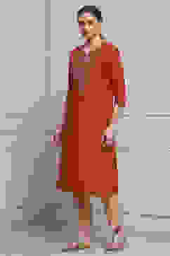 Burnt Orange Viscose Blend Solid Straight Kurta image number 2