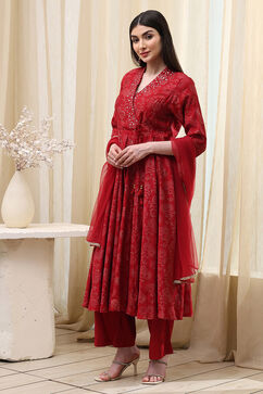 Red Printed Angrakha Style Anarkali Suit Set image number 3