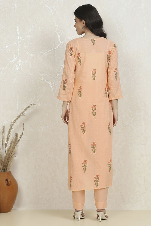 Peach Cotton Hand Block Print Unstitched Suit Set image number 5