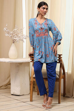 Dull Blue Printed Short Kurta image number 0