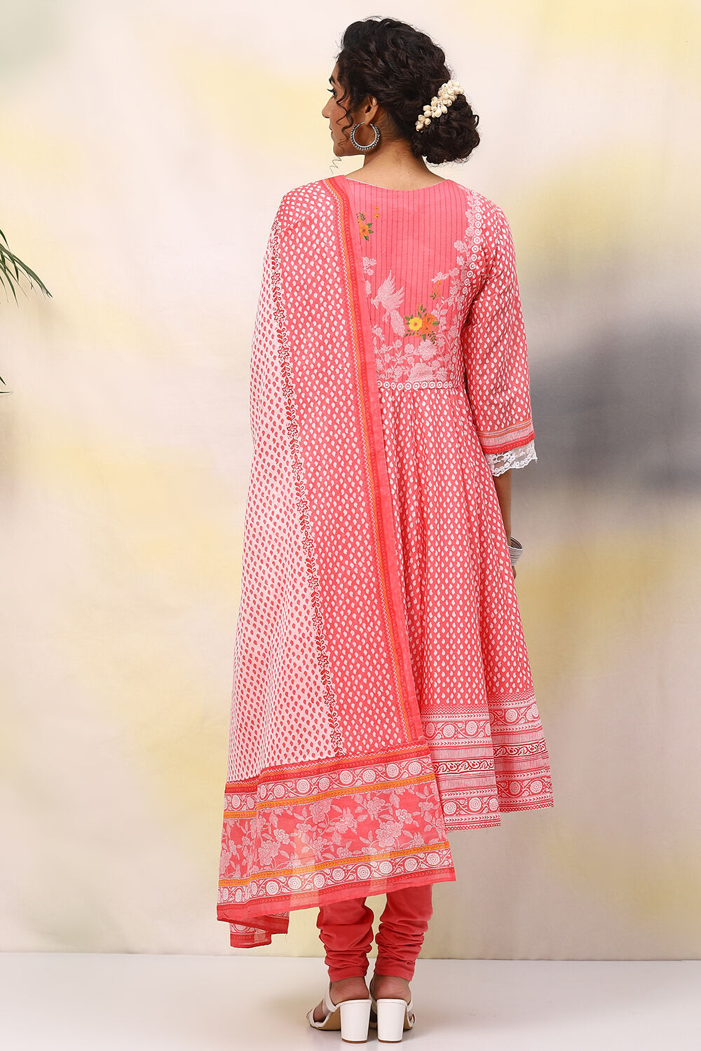 Coral Red Cotton Anarkali Kurta Churidar Suit Set image number 4