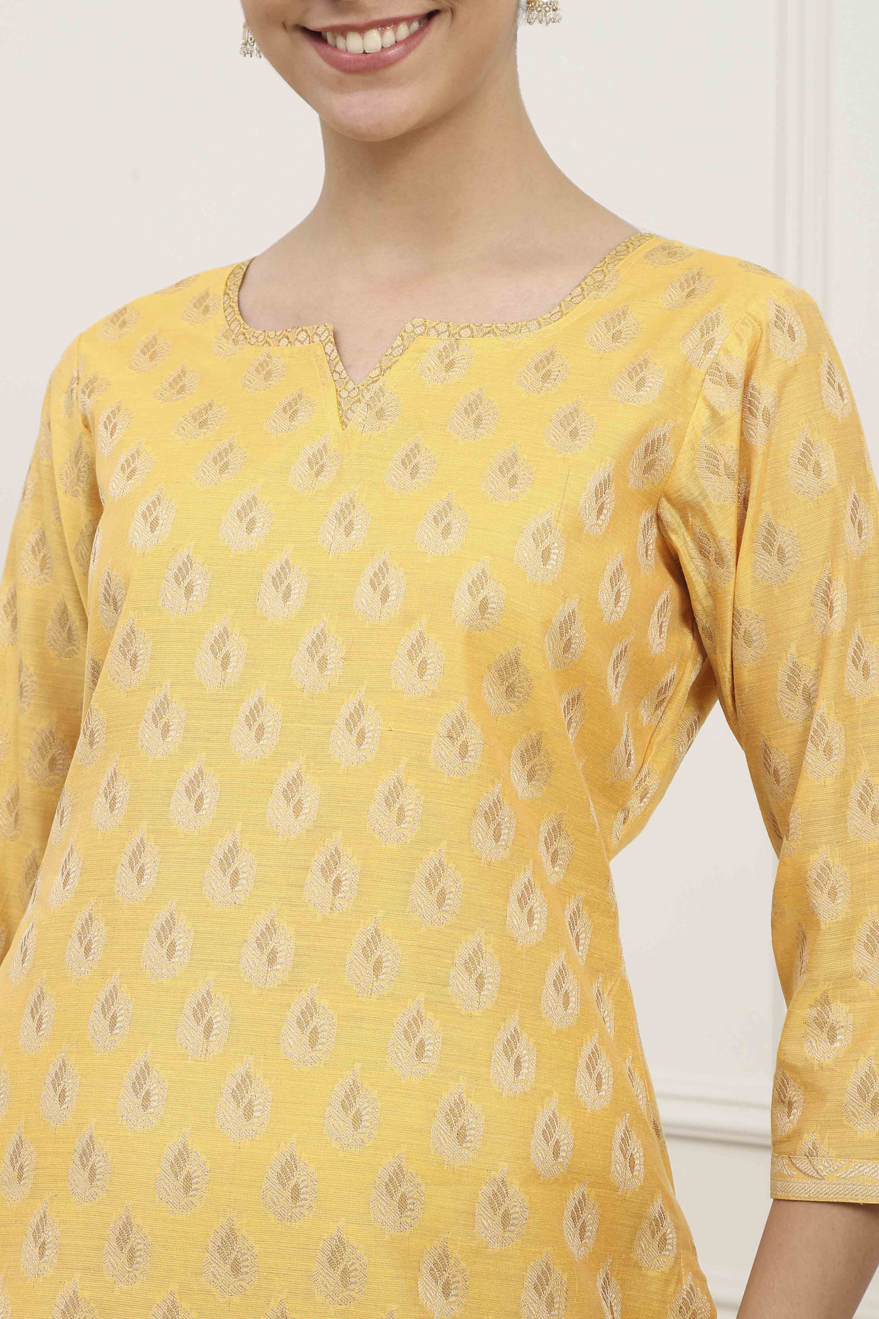 Mustard Chanderi Blend Brocade Unstitched Suit Set image number 2
