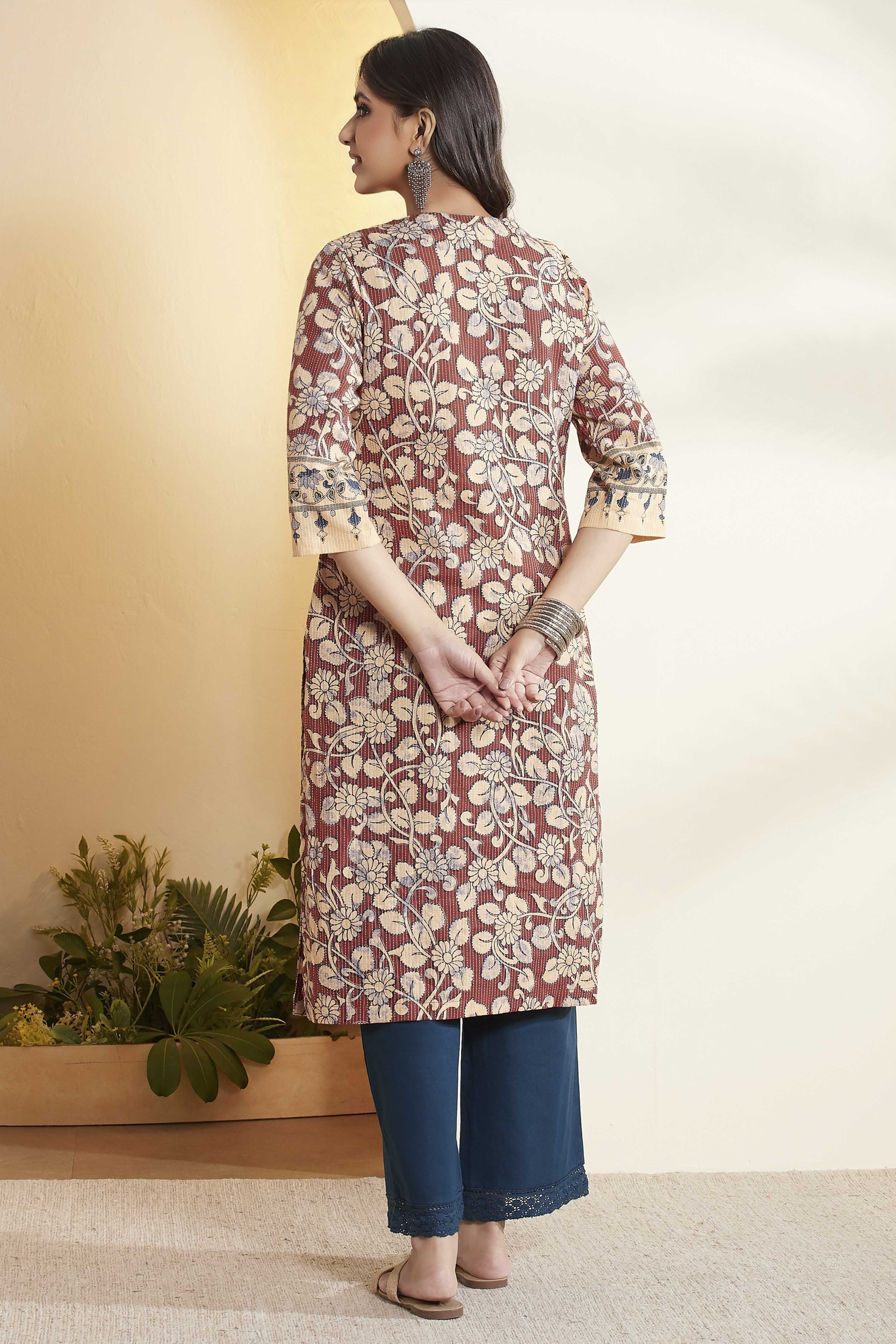 Rust Cotton Floral Printed Straight Kurta image number 5