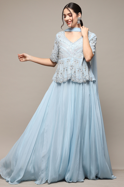 Buy Powder Blue Viscose Short Kurta Skirt Suit Set Online at Biba