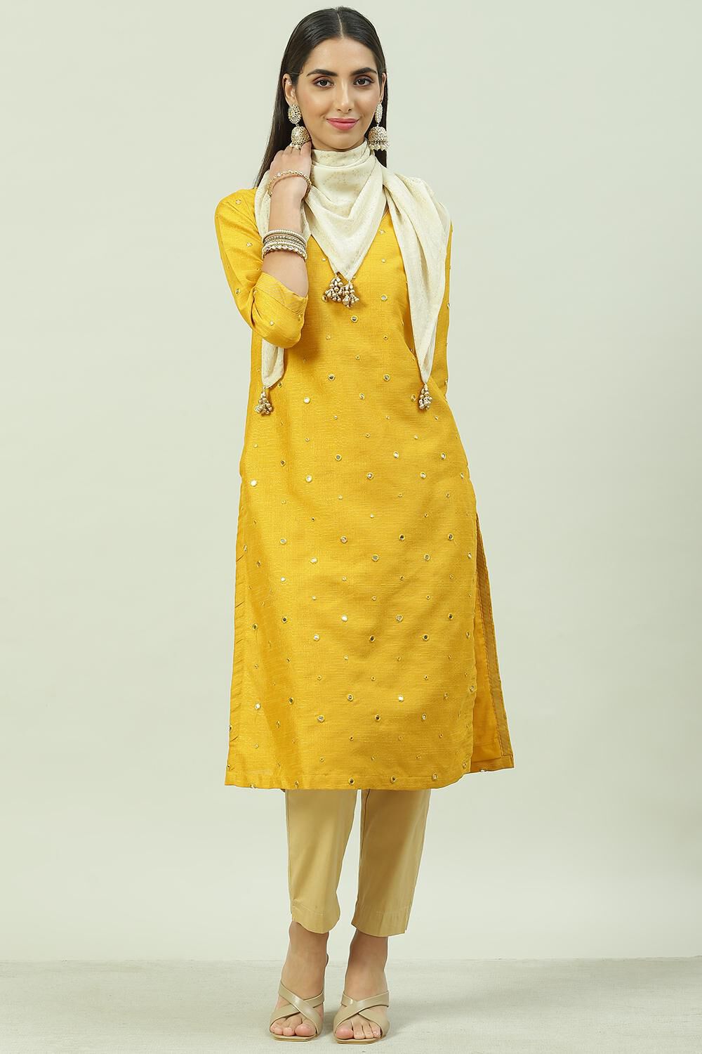 Yellow Art Silk Straight Yarndyed Kurta image number 5