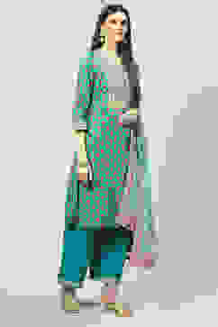Teal Cotton Straight Kurta Palazzo Suit Set image number 5