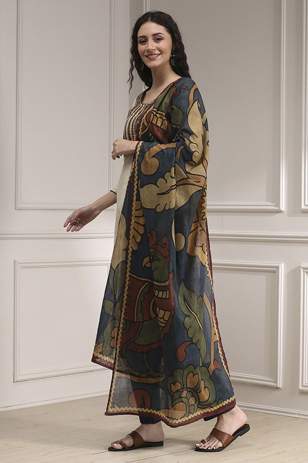 White Cotton Hand Block Print Unstitched Suit Set image number 4