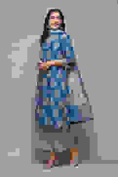 Royal Blue Cotton Straight Printed Kurta Straight Palazzo Suit Set image number 4