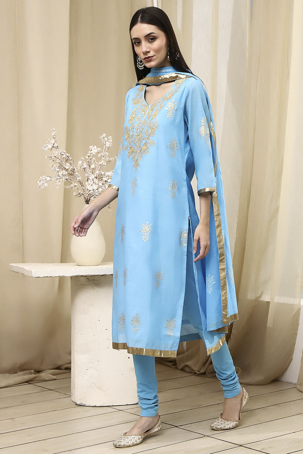 Blue Poly Chanderi Straight Suit Set image number 3
