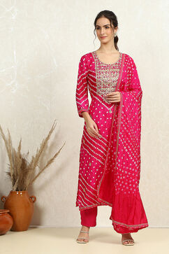 Pink Silk Blend Bandhej Crinkled Unstitched Suit Set image number 1