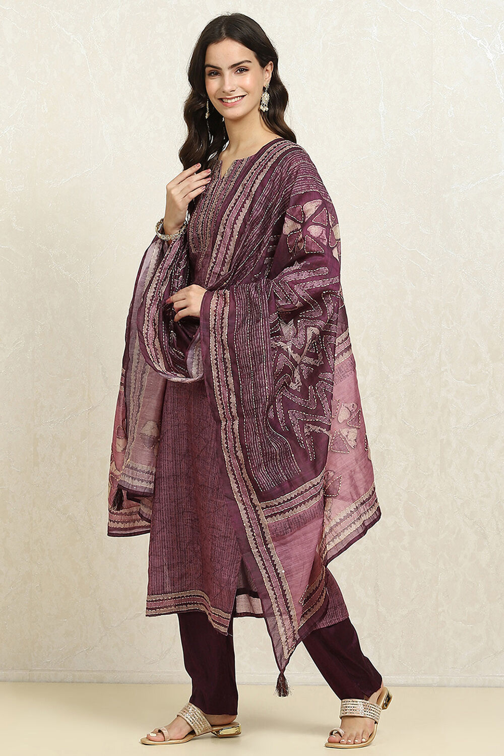 Grey Chanderi Blend Printed Unstitched Suit Set image number 4